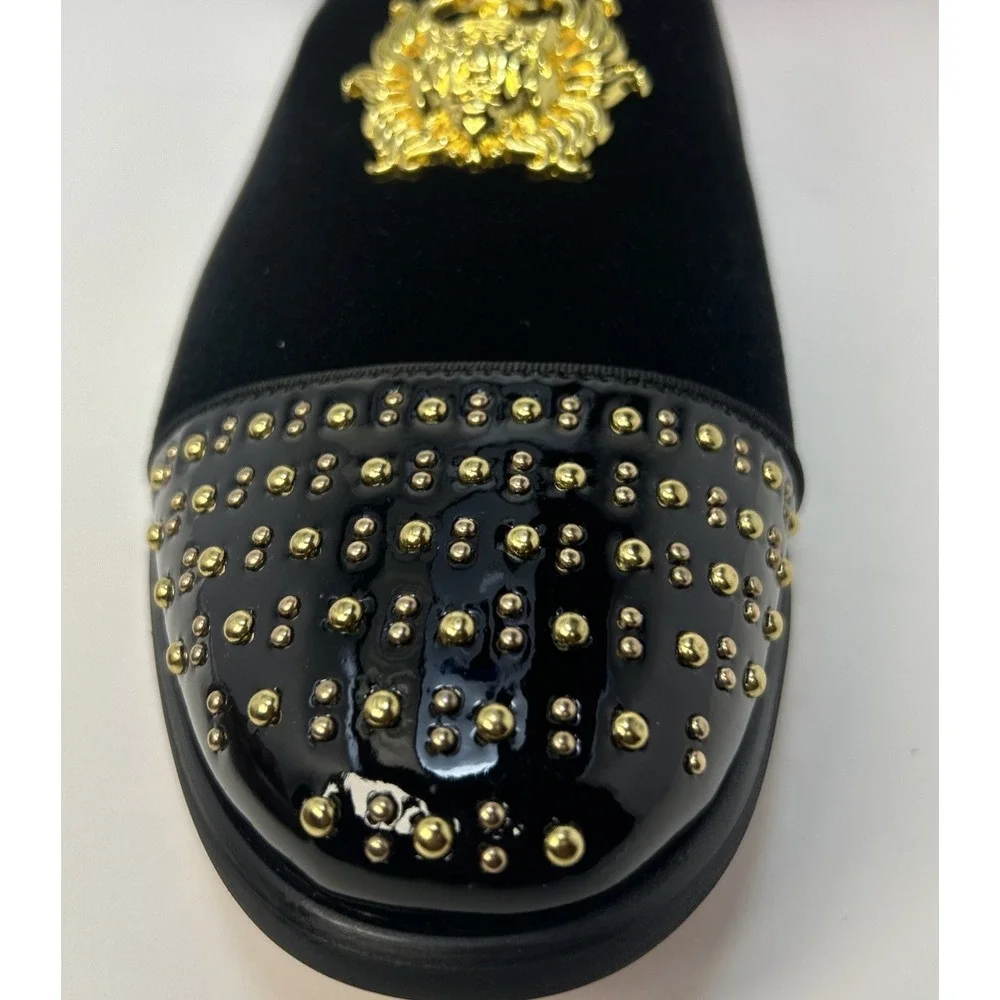ELANROMAN Men's Velvet Loafers Black Gold Crest Studded Toe Size 13 EU 47 NWB